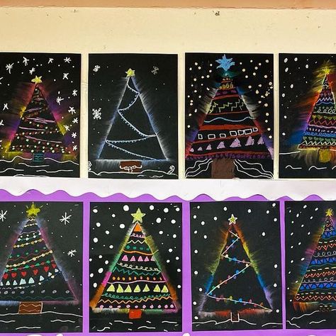 Primary Artists on Instagram: "O Christmas tree, o Christmas tree, how lovely are your branches! ✨🎄✨ Keeping art simple & festive these days, amongst the chaos in the classroom that December brings 🙃 These are so simple and were completed in 40 mins so that was a winner in my eyes 🤩 If you want to try these I will outline a quick step guide below: 🎄Give each child an A3 piece of black card. (Black sugar paper be fine too!) 🎄Children draw a big triangle using a ruler on the page -remind them to leave room at the top for a star and room below for the tree trunk. 🎄Once they are happy with their tree shape and have added a star and trunk, ask the children to add details (patterns/ lights/ Christmas baubles- whatever they wish) using oil pastels. 🎄After they have completed the tree they Christmas Tree Art Projects For Kids, December Art, Using Oil Pastels, Tree Collage, Christmas Tree Drawing, O Christmas Tree, 2nd Grade Art, Black Sugar, Triangle Art