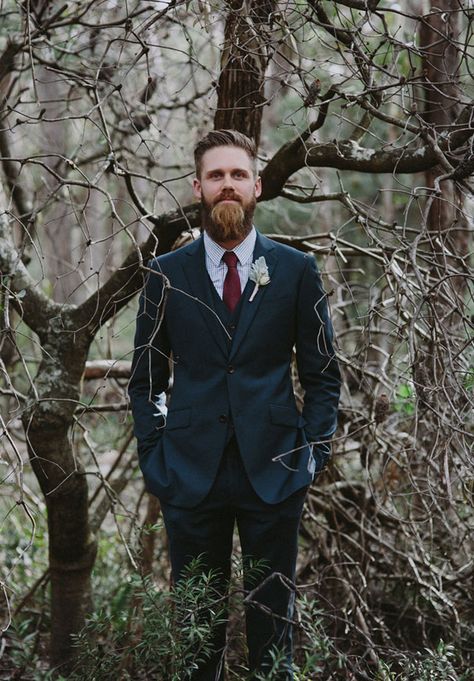 Rachel-gilbert-blue-mountains-bush-australian-wedding-shed4 Groom Wedding Suit, Suit Inspiration, Beard Care Products, Making A Wedding Dress, Maroon Wedding, Wedding Dresses Cinderella, Rachel Gilbert, Groom And Groomsmen Attire, Groom Looks