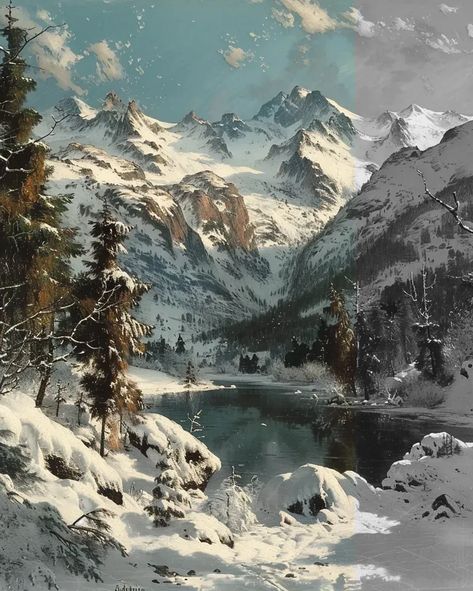 Full Color Image in ai-img-gen.com 🔸 Albert Bierstadt, Rocky Mountains in the winter --no signatures --ar 4:5 🔸 From Midjourney AI Image Snowy Mountains Painting, Winter Environment, Mystical Landscapes, Snowy Village, Inktober 2024, Cold Mountain, Albert Bierstadt, Winter Mountain, Frozen Lake