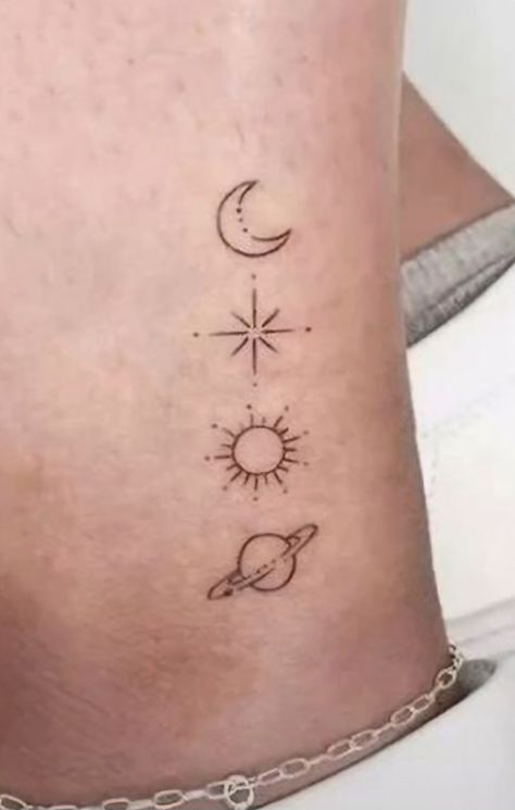 Sun Moon Stars Planet Tattoo, Star Planet Tattoo, Moon Sun Star, Planet Tattoo, Celestial Tattoo, Sun Tattoo Designs, Stars Tattoo, Moon Planet, Planet Tattoos