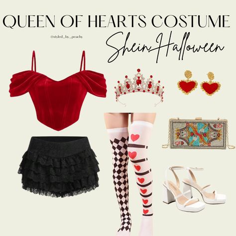 Queen of Hearts Halloween Costume Ideas Outfit Inspo Womens Queen Of Hearts Costume Diy, Cupid Costume Ideas For Women, Queen Of Hearts Inspired Outfits Casual, Evil Queen Of Hearts Costume, Queen Of Hearts Costume Ideas Diy, Red Queen Costume Ideas, Queen On Hearts Costume, Playing Card Costume Diy, Queen If Hearts Halloween Costumes