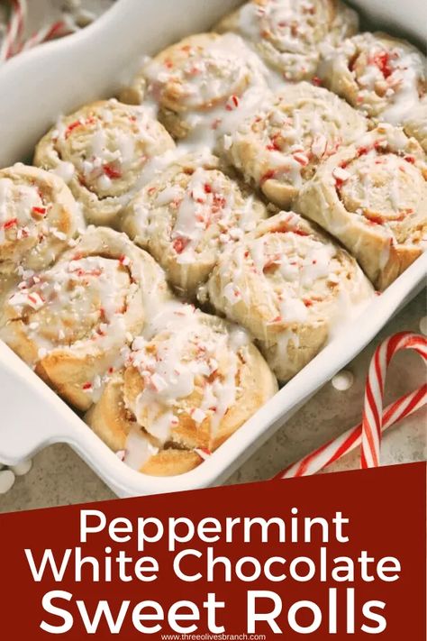 These Peppermint White Chocolate Sweet Rolls are a delicious homemade cinnamon roll that makes a perfect Christmas morning breakfast recipe. Packed with candy canes and cream. Also great for holiday brunch or dessert. Can be made as overnight cinnamon rolls. #christmasbreakfast #cinnamonrolls #peppermintrecipes #christmasrecipes Yule Recipes, Peppermint Recipes Desserts, Peppermint White Chocolate, Peppermint Dessert, Morning Recipes Breakfast, Peppermint Recipes, Sweet Roll Recipe, Peppermint White, Best Cinnamon Rolls