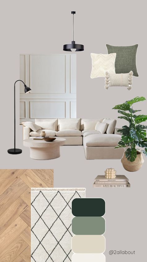 interior inspiration, aesthetic livingroom, aesthetic room decoration, boho style, living room beige, beige and green, beige couch, black details, vertäfelung wand, aesthetic room inspiration, Beige And Green Sofa, Nuetral Pallete Living Room With Green, Taupe And Green Living Room, Sage Green And Black Living Room, Neutral And Green Living Room, Green And Beige Living Room, Wand Aesthetic, Boho Style Living Room, Olive Living Rooms