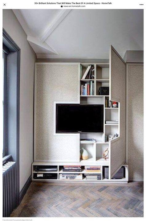 Ruang Tv, Diy Bedroom Storage, Tiny House Storage, Apartment Storage, Tv Wall Design, Trendy Living Rooms, Living Room Tv Wall, Trendy Bedroom, Living Room Storage