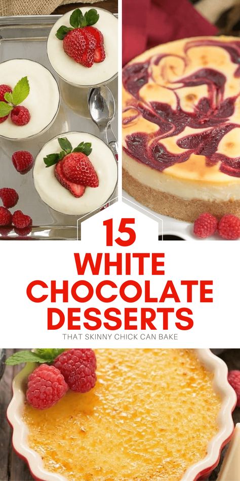 Favorite White Chocolate Recipes - a decadent collection of fabulous white chocolate dessert recipes! #desserts #whitechocolate #bestwhitechocolaterecipes #whitechocolatedesserts White Bakers Chocolate Recipes, White Chocolate Powder Recipes, White Chocolate Dessert Recipes, Dessert Recipes White Chocolate, Desserts With White Chocolate, Recipes With White Chocolate, White Chocolate Desserts Easy, White Chocolate Recipes Desserts, Dessert Potluck