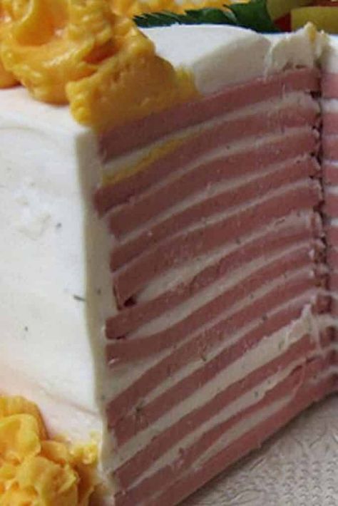 How to Make Baloney Cake (Bologna Cake) - Half-Scratched Bologna Cake, Disgusting Food, 1950s Food, Chips Dip, Las Vegas Food, Trash Party, Gross Food, Vegas Food, Cheesecake Dip