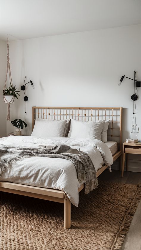 Step into serenity with this stunning IKEA-style bedroom featuring a zen-inspired bed. The minimalist white wall creates a peaceful backdrop, while simple wooden nightstands add warmth. Crisp white linens and a textured wool rug invite relaxation, and a hanging macramé plant brings a touch of nature indoors. Adjustable wall sconces provide the perfect gentle lighting for your evening unwind. Ready to transform your bedroom into a calm retreat? Discover more ideas for creating your own zen oasis! #ZenBedroom #IKEAStyle #MinimalistDecor #HomeInspiration #CozyVibes #BedroomGoals #InteriorDesign Ikea Style Bedroom, Wooden Nightstands, Gentle Lighting, Bed Setup, Ikea Style, White Linens, Zen Bedroom, Wooden Nightstand, Minimalist White