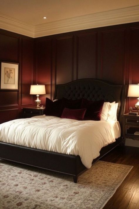 Dark Panelled Bedroom, Maroon Walls Bedroom, Dark Maroon Bedroom, Maroon Wall Bedroom, Maroon Living Room, Maroon Bedroom, Wood Furniture Bedroom Decor, Bedroom Aesthetic Dark, Burgundy Room