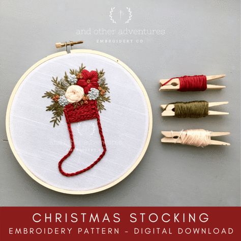 Christmas Hoop Embroidery, Christmas Stocking Embroidery Pattern, Christmas Stocking Embroidery, Festive Embroidery, Stocking Embroidery, Christmas Embroidery Ideas, Embroidery Christmas Gifts, Xmas Embroidery, Holiday Embroidery