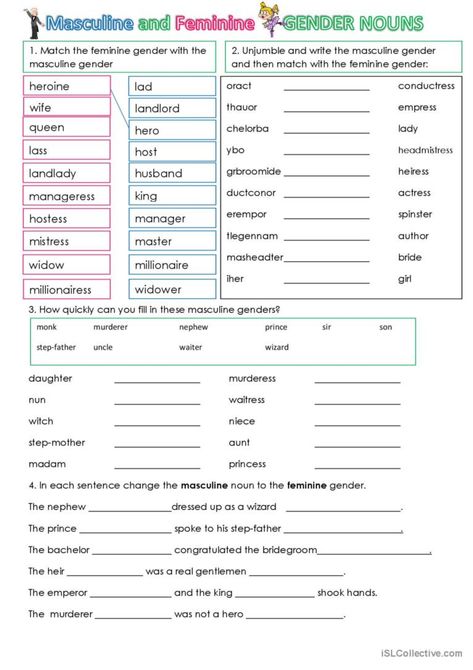 Worksheets to practice the use of masculine and feminine genders. Identity Therapy, Collective Nouns Worksheet, Proper Nouns Worksheet, Compound Words Worksheets, Pre K Worksheets, Possessive Nouns, Worksheets For Grade 3, Nouns Worksheet, Collective Nouns