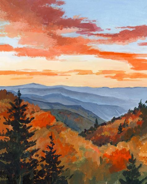 Paige Payne - watercolor and acrylic artist | The National Park Collection is here 🫶🏼 honestly, this collection has been the biggest joy for me to paint. I don’t paint landscapes a ton... | Instagram Watercolor Paint Landscape, Fall Mountain Painting Acrylic, Painting Inspo Landscape, Landscape Paintings Impressionist, Fall Mountain Painting Easy, Fall Mountains Painting, Easy Autumn Painting Ideas, Something In The Orange Painting, Autumn Sky Painting