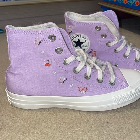 Brand New, Perfect Condition, Never Worn Super Cute! Embroidered Butterflies Give The Cutest Detail. From Urban Outfitters. Lilac Colored With Pink Bottoms Embroidered Butterflies, Embroidered Converse, Pink Bottoms, Custom Converse, Pink Bottom, Embroidered Butterfly, Lilac Color, Shoes Brand, Womens Converse