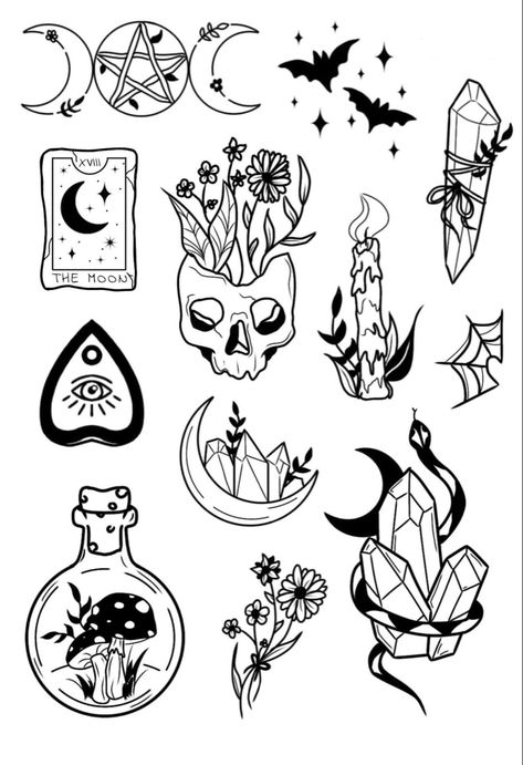 Pretty Witchy Tattoos, Spiritual Flash Tattoo, Witchy Arm Tattoos For Women, Witchy Line Drawings, Alternative Patchwork Tattoos, Whichy Vibes Tattoo, Gothic Small Tattoos, 1 Hour Tattoo Ideas, Witchy Traditional Tattoo