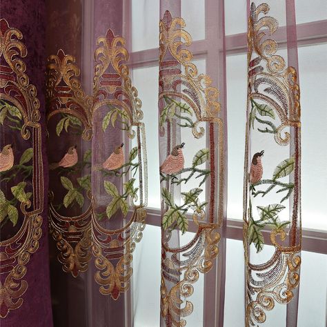 PRICES MAY VARY. Main craft: bird embroidery, which makes the whole house full of agile vitality. Paste the velvet bottom edge: make the sheer curtain more drape. PRICE: for 2 Panels cloth curtains,each Panel 49W X 84L inch (2 Panels) Bird embroidery makes the whole house full of vitality. Women generally cannot refuse its beauty. Living room, dining room, kitchen, bedroom, villa are also very suitable. The sheer curtains make the whole environment more upscale. Installation Type:tulle-Rod Pocke Multi Colored Sheer Curtains, Home Decoration Inspiration, Dark Sheer Curtains, Red Lace Curtains, Victorian Curtains Living Room, Earthy Curtains Living Room, Double Layer Curtains Bedroom, Velvet Curtain Wall, Layering Curtains Living Room