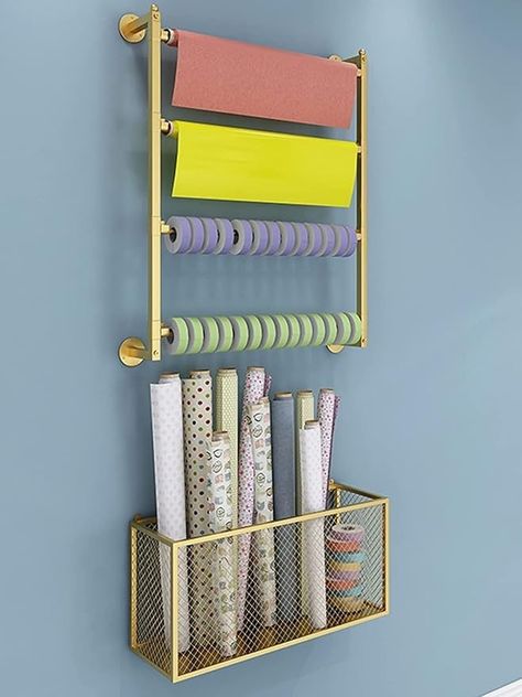 Craft Ribbon Storage, Wrapping Paper Holder, Ribbon Organizer, Gift Shop Interiors, Wrapping Paper Organization, Craft Organization Diy, Ribbon Organization, Gift Wrap Storage, Ribbon Storage