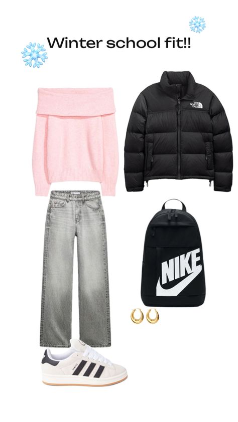 Cold day winter school fit!! Warm Outfits For Winter School, Cold Weather School Outfits, Hot Winter Outfits, Outfit Ideas School, Winter Outfits For School, Simple Style Outfits, School Fit, Birthday Fits, Winter Outfits Cold