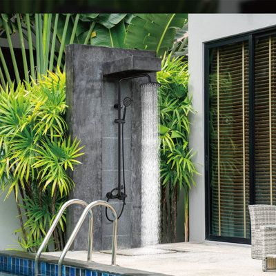 This outdoor shower decor kit features a high-quality finish and includes a diverter valve to easily switch between a hand shower and overhead shower. Mounting holes are 15 cm apart. Two holes are installed, one for the cold water inlet and the other for the hot water inlet. Ships with adjustable adapter to adjust mounting hole distance from 5" - 6.6" (13cm - 17cm). | FUNDUXA Outdoor Shower Fixture SUS304 Shower Faucet Combo Set, Wall Mount 2 Dual Function Single Handle 49.6 x 7.75 x 14.0 in | A Outdoor Shower Modern, Amagansett House, Courtyard Pools, Outdoor Shower Inspiration, Manifestation 2024, Outdoor Shower Fixtures, Detachable Shower Head, Outdoor Shower Kits, Overhead Shower Head