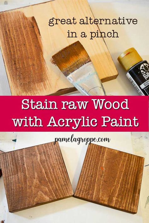 Stain raw wood with acrylic paint, easy and beautiful. A great alternative if you need a quick stain for your small wood project. #diysigns #paintingtips #woodstain Staining Wood Different Colors, Stain Wood With Paint, How To Do Rustic Paint On Wood, Painting With Wood Stain, Staining Wood With Acrylic Paint, How To Paint On Wood With Acrylic Paint, Wood Staining Techniques Diy, Wood Stain With Acrylic Paint, Diy Wood Stain With Acrylic Paint