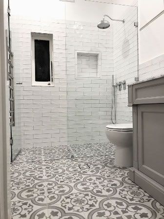 Classic design in these Spanish pattern floor tiles and handmade walls. Encaustic tiles Sydney Cuban Silver. #bathroom #design #renovation Moroccan Tiles Bathroom, Pattern Floor Tiles, Moroccan Tile Bathroom, Spanish Pattern, Marble Bathroom Floor, Moroccan Bathroom, Encaustic Tiles, Silver Bathroom, Farmhouse Shower