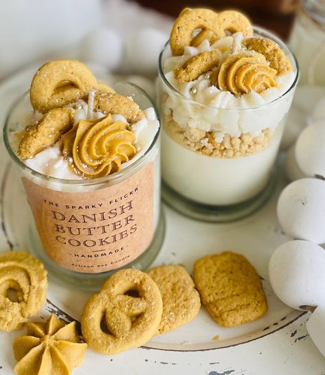 Danish Butter Cookies, Scented Dessert Candle!   Realistic and scrumptiosly scented buttercream, cake batter, and vanilla bean.  Smells amazing even when UNLIT! Scented to capture Royal Dansk Danish Butter Cookies. These famous cookies are scented buttercream and dunked in a cake batter, vanilla bean whipped topping. Scented graham cracker and vanilla crumble add a bakery appeal and provide a scrumptious scent to the candle!  While these look real they are wax! Do not eat! Cutest scented bakery Fall Dessert Candles, Bakery Essential Oil Blends, Dessert Candle Ideas, Whipped Candles, Gourmet Candles, Candles Dessert, Famous Cookies, Cookie Candle, Candle Dessert