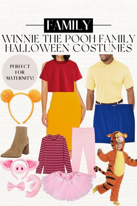 Piglet Costume Diy, Wagon Costume, Maternity Costume, Piglet Costume, Tigger Costume, Family Costumes Diy, Family Themed Halloween Costumes, Winnie The Pooh Costume, Pig Costume