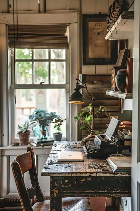 Herbalist Office Ideas, Vintage Cottage Office, Home Office Cottage Style, Small Cozy Home Office Ideas, French Farmhouse Office, Writer Apartment, Cottage Office Ideas, Vintage Desk Setup, Rustic Office Ideas