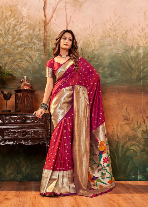 Buy Maroon Paithani Silk Saree for Wedding for Occasion Saree for Online in India - Etsy Paithani Silk Saree, Paithani Saree, Weaving Designs, Half Sleeve Blouse, Designer Sarees Online, Trendy Sarees, Madurai, Silk Sarees Online, Mysore