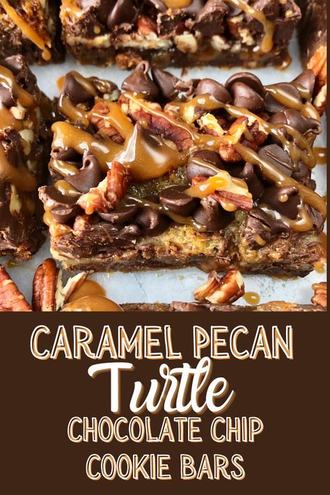 Turtle Cookie Bars, Turtle Recipe, Pecan Turtles, Chocolate Store, Pecan Desserts, Pecan Bars, Chocolate Turtles, Dessert Bar Recipe, Chocolate Chip Cookie Bars