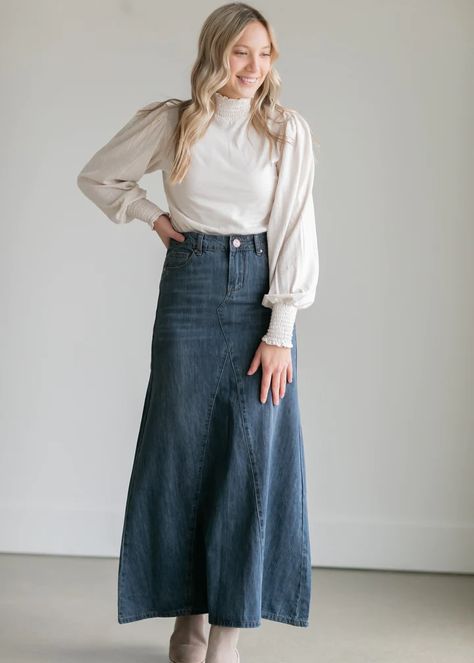 Modest Maxi Skirts | Long Modest Skirts – Inherit Co. Knit Shirt Dress, Denim Skirt Outfits, Long Denim Skirt, Modest Skirts, Dark Denim, Modest Outfits, Skirt Outfits, A Line Skirt, Skirt Fashion