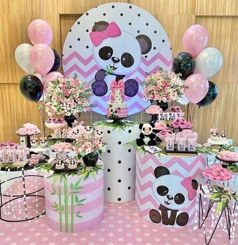 Cake Table Party, Panda Birthday Party Decorations, Table Party Decor, Panda Pink, Panda Decorations, Panda Birthday Party, Background Birthday, Disney Frozen Birthday, Circle Background