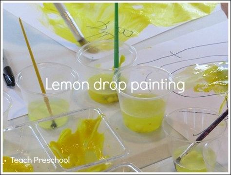 Surely there is nothing that could brighten a cold winter day more than lemon drop painting...  The children began their day by exploring lemons during our first morning circle.  We talked about different foods that might smell or taste like lemon, Drop Painting, School Diy Ideas, Lemon Crafts, Teach Preschool, Preschool Colors, Summer Preschool, Back To School Hacks, Sukkot, Circle Time