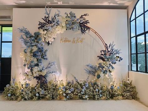 Wedding Photobooth Decoration, Blue And White Backdrop, Photobooth Engagement, Dekor Engagement, Blue Wedding Backdrop, Decor Lamaran, Background Photobooth, Dekor Lamaran, Naming Ceremony Decoration