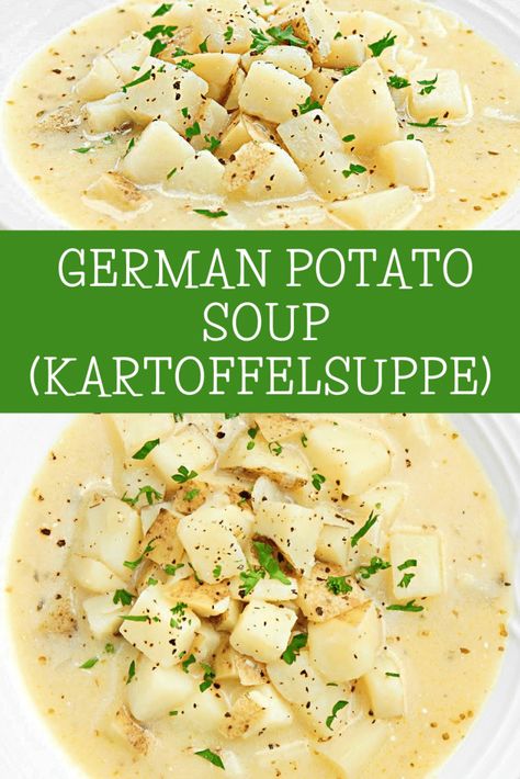 Swiss Cheese Potato Soup, German Potato Soup Recipe, Chunky Potato Soup, Oktoberfest Recipes, German Potato Soup, Vegan Bacon Bits, Vegan Potato Soup, Swiss Food, Cream Of Potato Soup