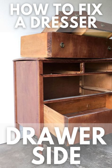 How to Fix a Dresser Drawer Side How To Fix Dresser Drawers, Dresser Drawer Slides, Broken Dresser, Drawer Repair, Baby Powder Uses, How To Remove Sharpie, Old Dresser Drawers, Antique Drawers, Dresser Drawer Pulls