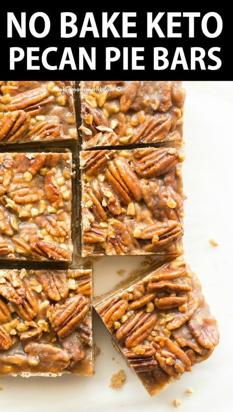 Keto Pecan Pie Bars Recipe made with an almond flour shortbread crust, topped with gooey candied pecans! Naturally vegan, gluten free and paleo! Keto Pecan Pie Bars, Almond Flour Shortbread, Dolce Poche Calorie, Pie Bars Recipe, Pecan Pie Bars Recipe, Keto Pecan Pie, Pie Bar Recipes, Keto Bars, Pecan Pie Bars