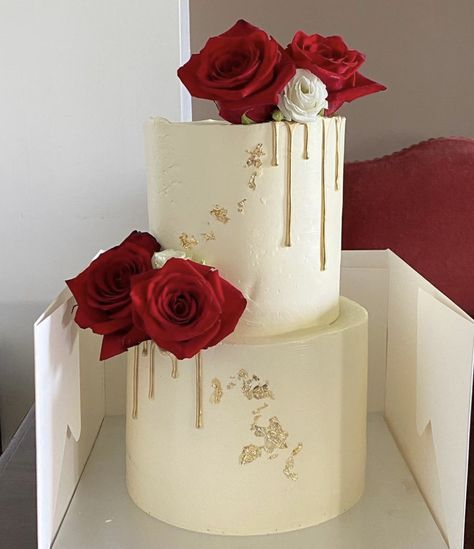 Wedding Cake With Red Roses And Gold, Red Cake 2 Tier, 50th Birthday Cake Red And Gold, Red Tier Cake, Ladies Cakes Birthday Elegant, Two Tier Anniversary Cake Designs, White Cake Red Roses, Two Tier Birthday Cake For Women Elegant, Wedding Anniversary Cake Design Simple