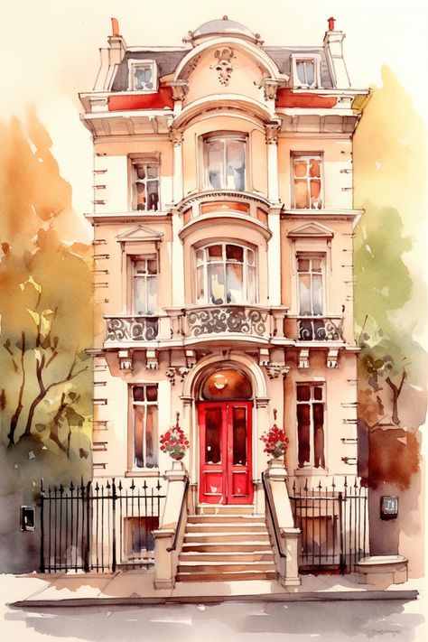 London Brownstone, Watercolor Art Architecture, Watercolor London, London Watercolor, London Drawing, San Myshuno, Acrylic Portrait Painting, Watercolor City, Building Painting