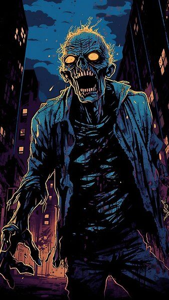 Comic style angry zombie wearing black tattered clothing in the city at night by innazimovec | Redbubble Zombie Survivor, Zombie Drawings, Zombie Wallpaper, Zombie Illustration, The City At Night, Zombie Attack, Zombie Art, City At Night, Halloween Painting