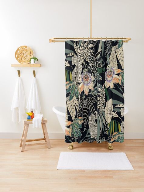 "tropical" Shower Curtain by georgialowndes | Redbubble Botanical Shower Curtain, Small Bathroom Inspiration Modern, Tropical Shower Curtain, Tropical Bathroom Shower Curtains, Shower Curtain Botanical, Tropical Bathroom Decor, Jungle Bathroom, Monstera Shower Curtain, Palm Tree Shower Curtain