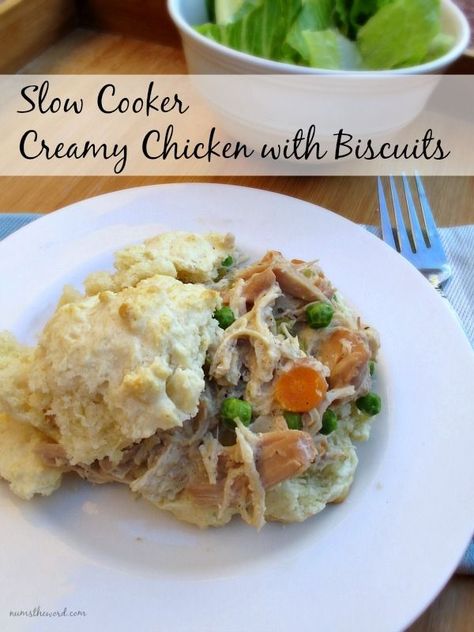 Slow Cooker Creamy Chicken with Biscuits - Simple and delicious homemade biscuits topped with creamy chicken and vegetables made in the crockpot! A family favorite and pure comfort food! Chicken And Biscuits Crockpot, Creamy Chicken And Biscuits, Chicken And Biscuits Recipe, Chicken With Biscuits, Food Crockpot, Slow Cooker Creamy Chicken, Cream Chicken, Chicken And Veggies, Chicken And Biscuits