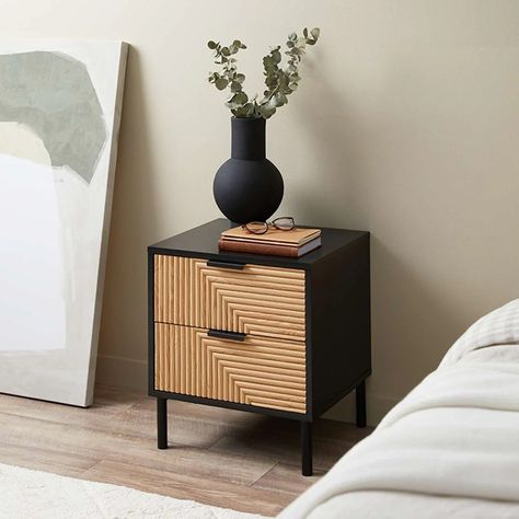 Black Bedside, Black Bedside Table, Wood Bedside Table, Bedroom Essentials, Bed Table, Dream Living, Contemporary Aesthetic, Wooden Bed, Bedside Tables