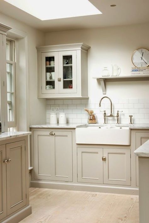 Soft stone colours and metro tiles. #metrotiles #periodkitchens Classic Traditional Kitchen, Taupe Kitchen, Devol Kitchens, Gray And White Kitchen, London Kitchen, English Kitchens, Pretty Kitchen, Classic Kitchen, Kitchen Cabinets Makeover