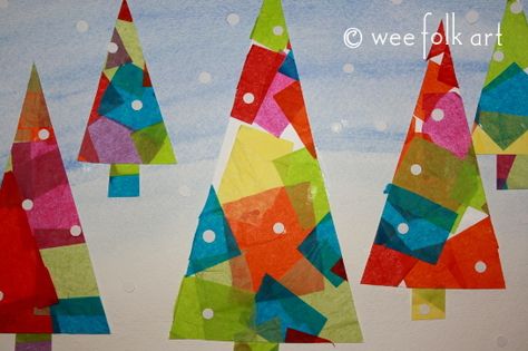 Be sure to add the Tissue Paper Winter Trees Art Project to your list of winter crafts for kids this season. You can easily use up your leftover tissue paper and let your kids get creative as they make winter tree art. Christmas Card Designs For Kids, Tissue Paper Trees, Kunst For Barn, Christmas Cards Handmade Kids, Tissue Art, Juleverksted For Barn, Wee Folk Art, Paper Trees, Christmas Art Projects