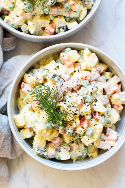 Olivier Salad (Russian Potato Salad) Olivia Salad Russian, Russian Salad Photography, Russian Olivier Salad, Salad Olivier, Salad With Potatoes, January Food, Russian Potato Salad, Olivier Salad, American Potato Salad