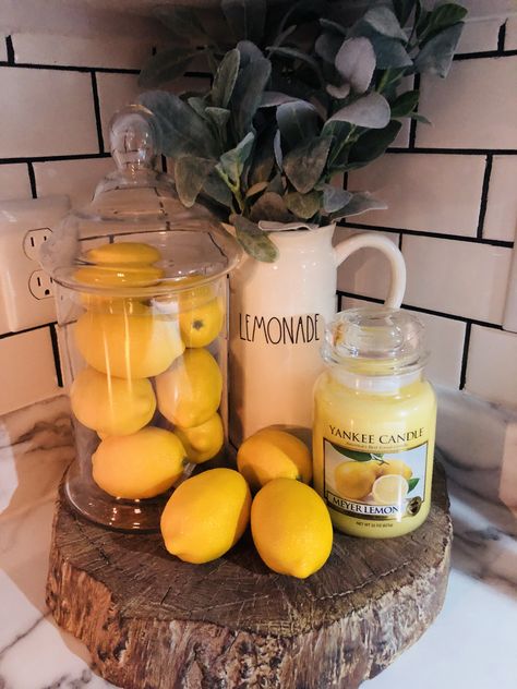 Farmhouse Summer Decor, Lemon Kitchen Decor, Lemon Candle, Lemon Kitchen, Lemon Lemonade, Farmhouse Side Table, Kitchen Display, Lemon Decor, Summer Home Decor