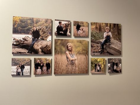 Wall Of Canvas Photos, Canvas Wedding Pictures Living Rooms, Wedding Canvas Pictures On Wall, Canvas Gallery Wall Ideas, Canvas Wall Picture Ideas, Canvas Portrait Wall Layout, Large Photo Wall Ideas, Canvas Photos On Wall, Canvas Photo Wall Ideas Living Rooms