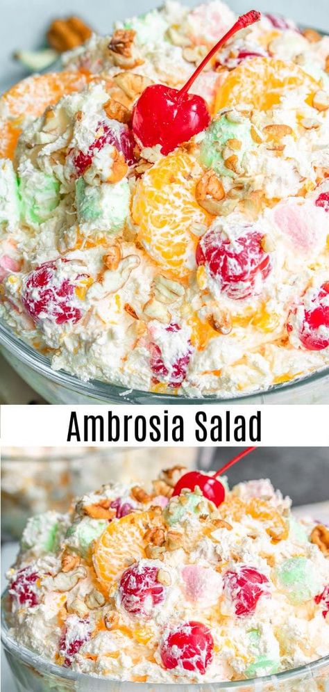 Light and fluffy Ambrosia Salad is a classic southern dessert made with Cool Whip and sour cream tossed with fruit, coconut and marshmallows. It's an easy, old-fashioned recipe for a delicious marshmallow fruit salad that can be served at Easter dinner, Mother's Day brunch, Thanksgiving dinner, or Christmas dinner. #ambrosia #marshmallows #easter #mothersday #fruitsalad #homemadeinterest #christmasrecipes #christmasdinner #holidaydinner #holidayrecipes Easter Ambrosia Salad, Easter Fruit Salad, Brunch Thanksgiving, Easter Dinner Side Dishes, Easter Dinner Ideas, Fruit Salad With Marshmallows, Whipped Cream Desserts, Thanksgiving Brunch, Dressing For Fruit Salad