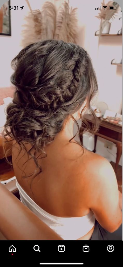 Low Messy Updo With Braid, Messy Bun Wedding Guest Hair, Brunette Prom Hairstyles Updo, Homecoming Maid Hairstyles, Updos For Long Hair Hoco, Up Do Hairstyles For Homecoming, Brown Hair Updo Prom, Homecoming Hairstyles For Long Brown Hair, Bridesmaid Hair For V Neck Dress