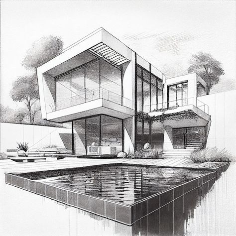 Buildings Sketch Architecture, Simple House Drawing, Interior Architecture Sketch, House Design Drawing, Villa Architecture, Perspective Sketch, Architecture Drawing Sketchbooks, Perspective Drawing Architecture, Architecture Drawing Plan