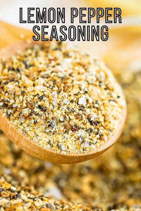 lemon pepper seasoning title pin Dried Lemon Zest, Homemade Seasoning, Pepper Seasoning, Dry Mixes, Creamy Lemon Chicken, Homemade Mixes, Homemade Spice Blends, Lemon Pepper Seasoning, Dried Lemon